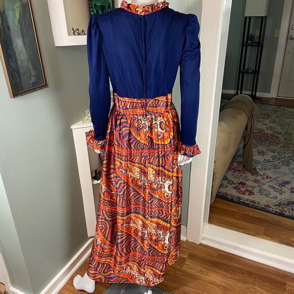 Vintage 60s 70s Paisley Psychedelic Ruffle Hostess Maxi Dress Large L Polyester - Picture 8 of 14